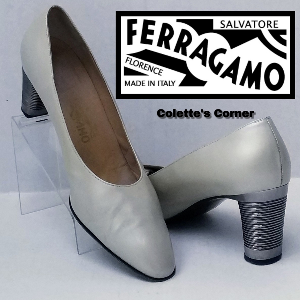 Rare Vintage Ferragamo Porcellana Pearl White Sculpted Metal Stacked Heel Shoes